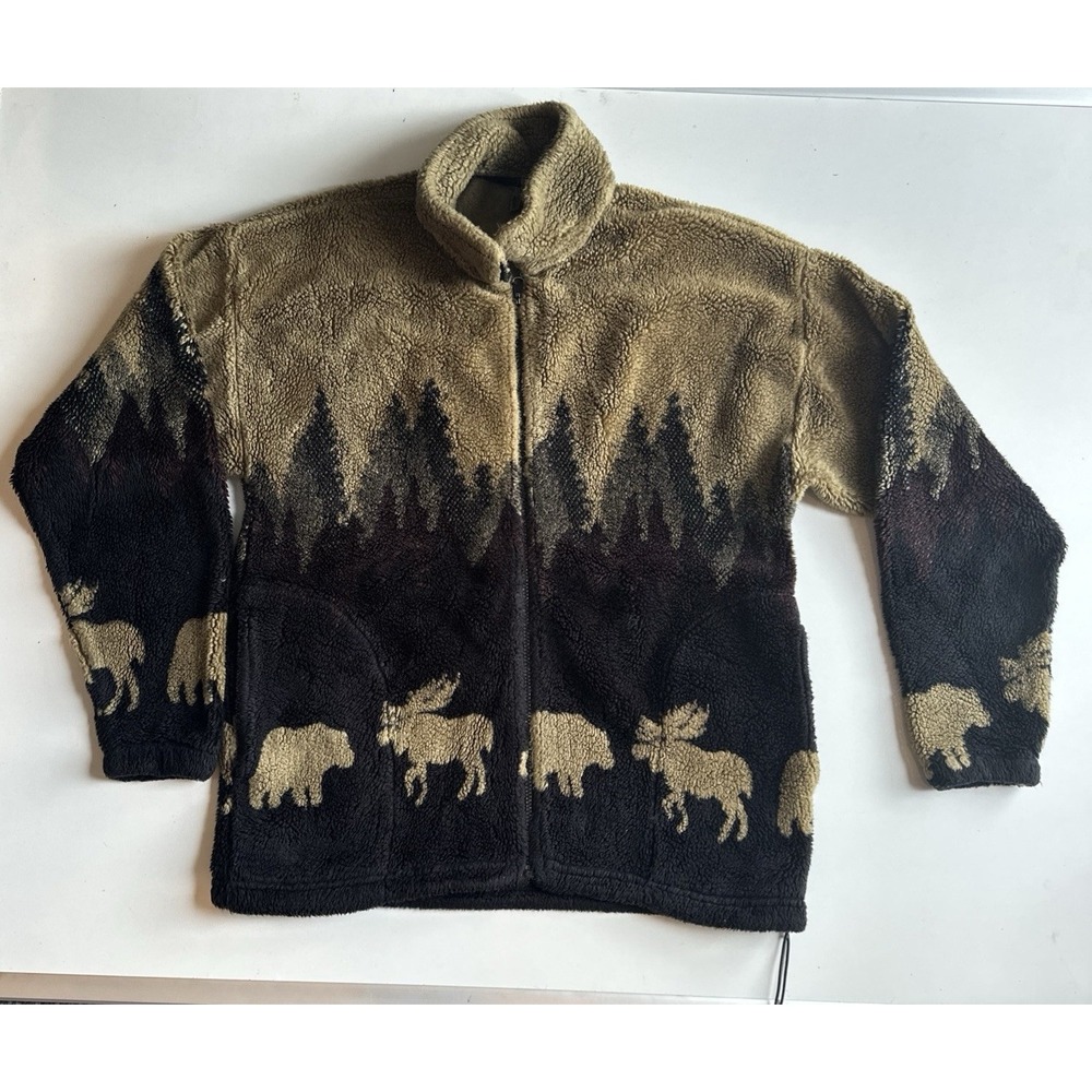 Vtg 90s Mazmania Moose Bear Fleece Jacket Full Zip Shag Brown Coat Mens XL